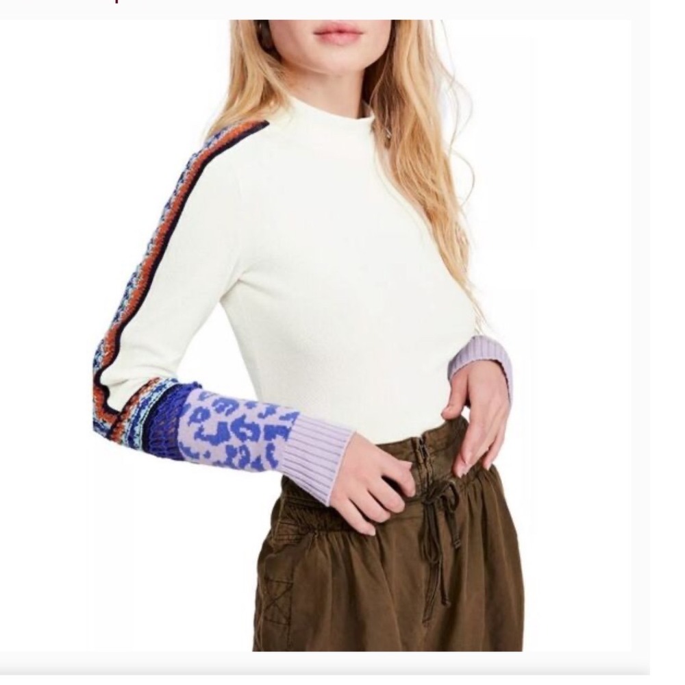 Free People Mixed Media Thermal Top Ivory Waffle Knit Leopard Crochet‎ Small